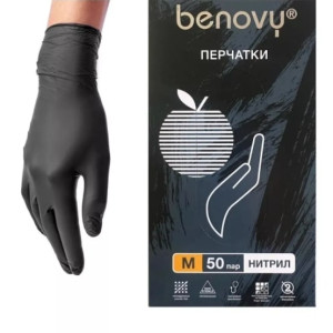 Перчатки нитриловые, Benovy, черные,  3,5гр, Размер M, 50 пар