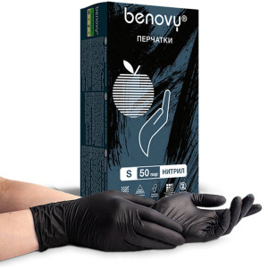 Перчатки нитриловые, Benovy, черные, Размер S, 50 пар