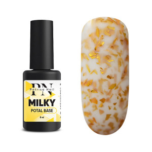 База для ногтей, Patrisa Nail, Potal Milk, каучуковая, молочная, с золотой поталью, 8мл